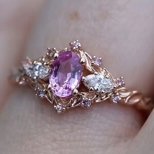 Oval Pink Gemstone Rose Gold Ring with Crystal Accents - Elegant Feminine Design